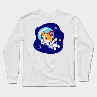 Cute Corgi Dog Astronaut Floating In Space Cartoon Long Sleeve T-Shirt